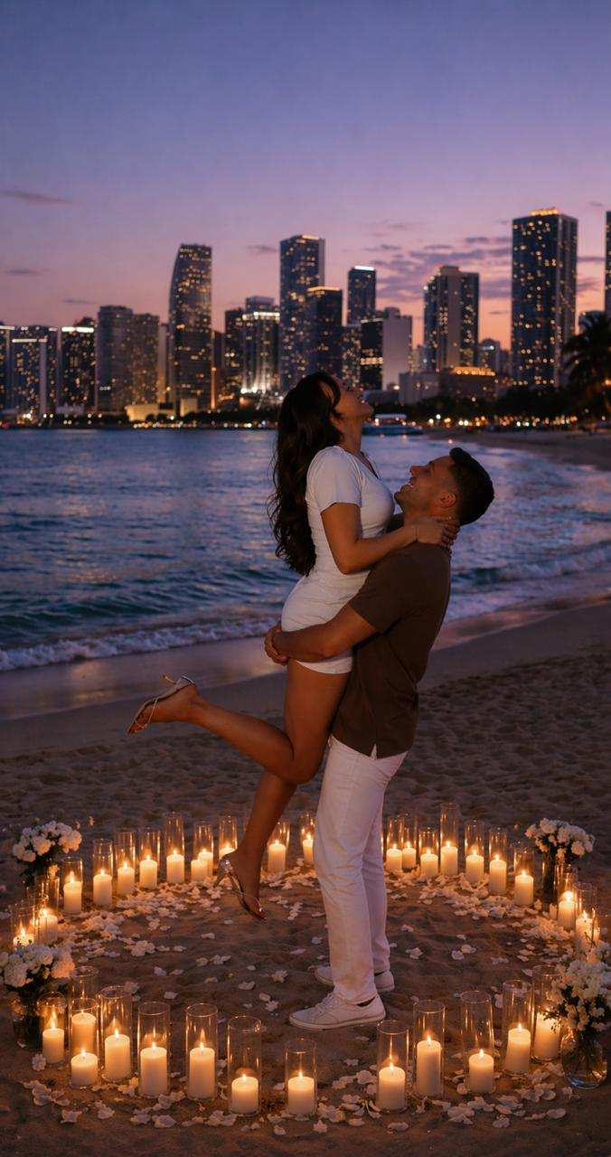 Couple embracing inside a circle of candles with the city skyline at dusk