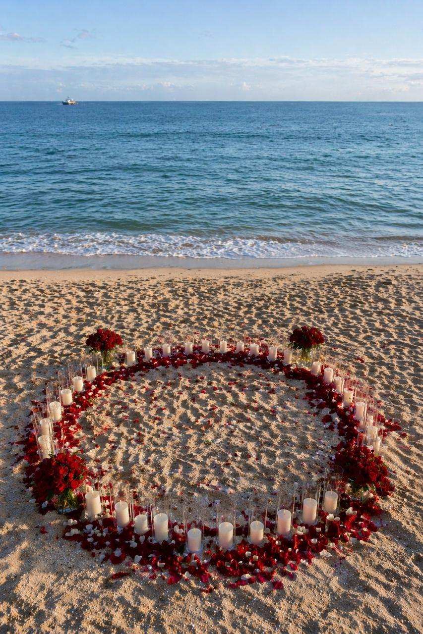 Circle of candles and red rose petals on the sand by the ocean