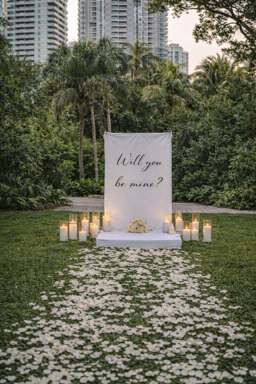 White petal aisle leading to an illuminated sign in a garden