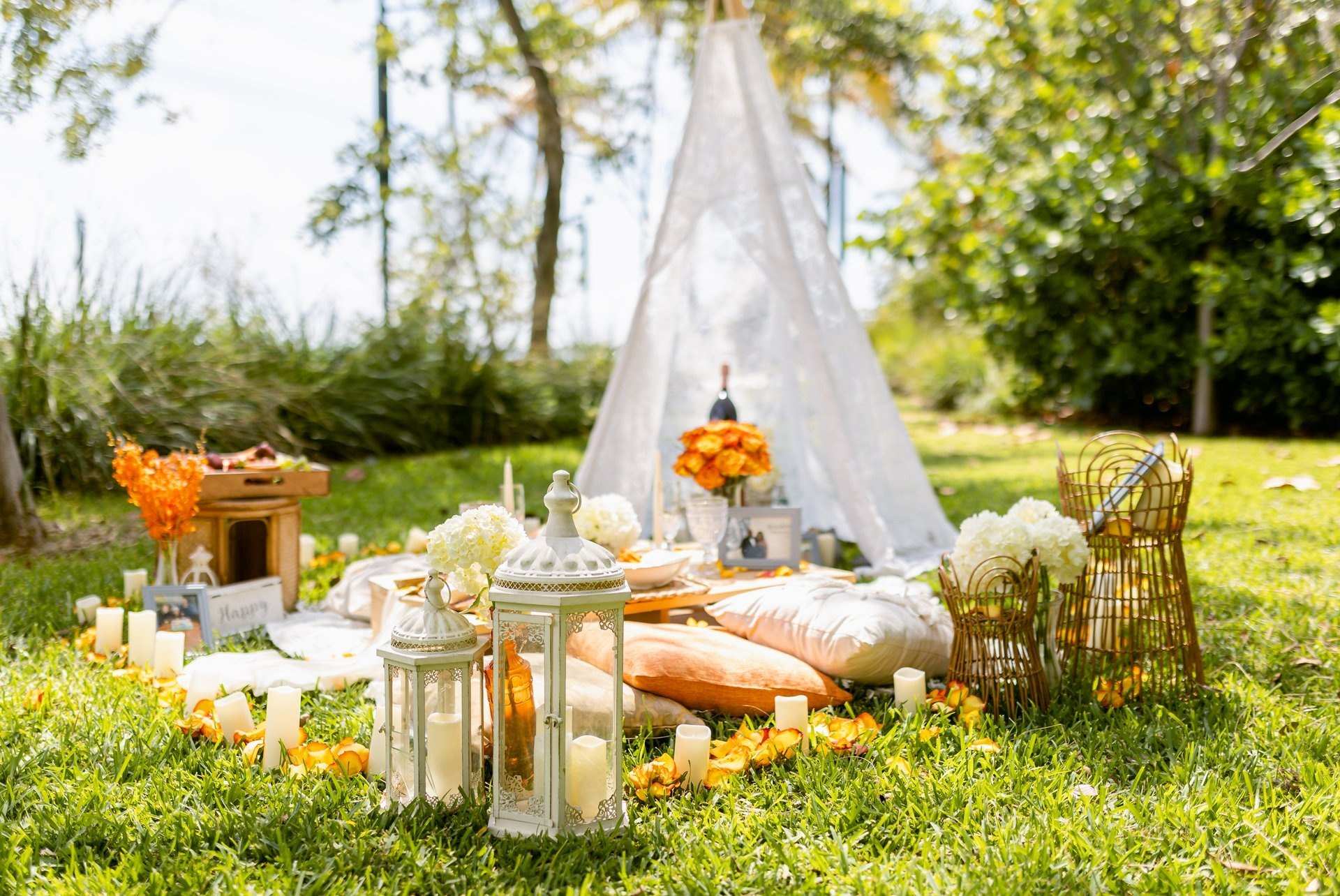 Picnic with cushions and a canopy in a garden