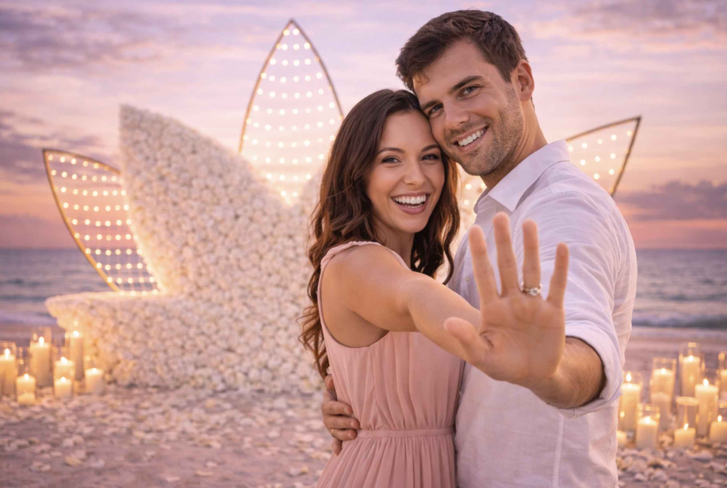 Couple embracing beside a white flower arch at sunset