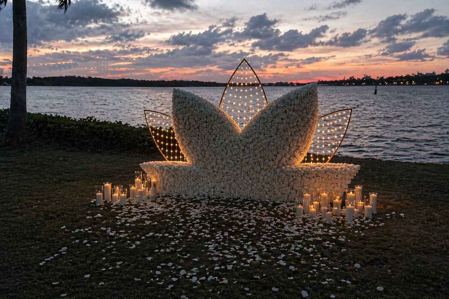Lotus shaped petal lights and a white flower arch on the beach at dusk