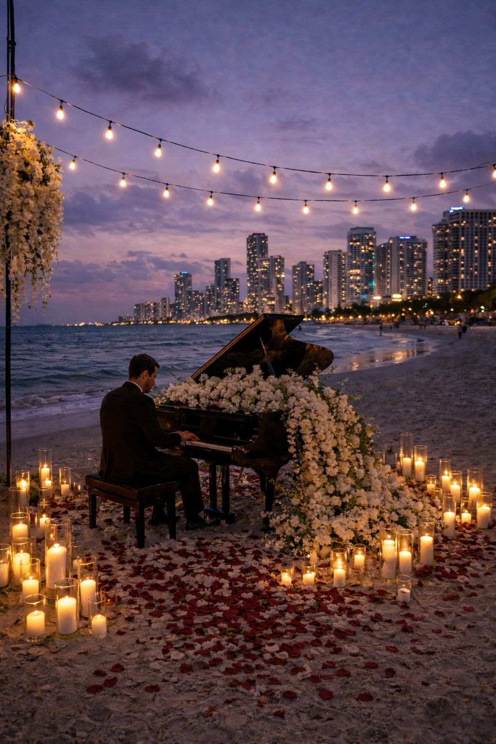 Grand piano and white florals with the city lit up at night