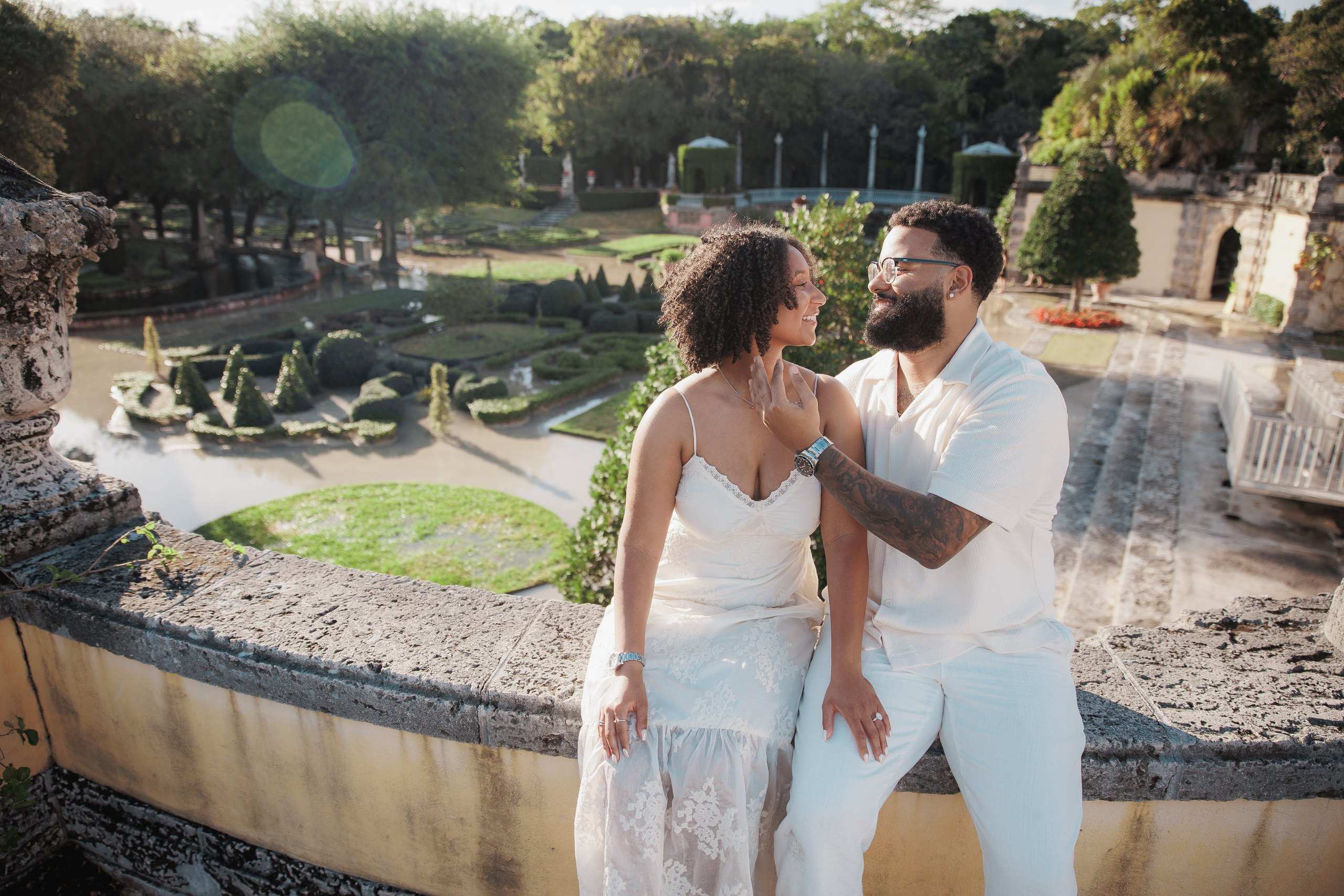 Couple on a stone terrace at Vizcaya